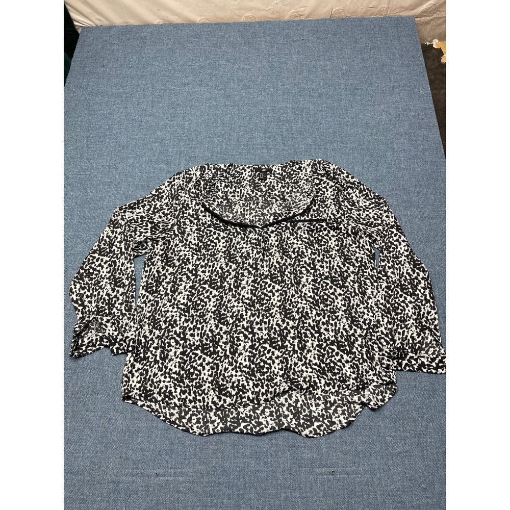HM Womens Black White Leopard Print Long Sleeve Blouse Top Size 14 Scoop Neck